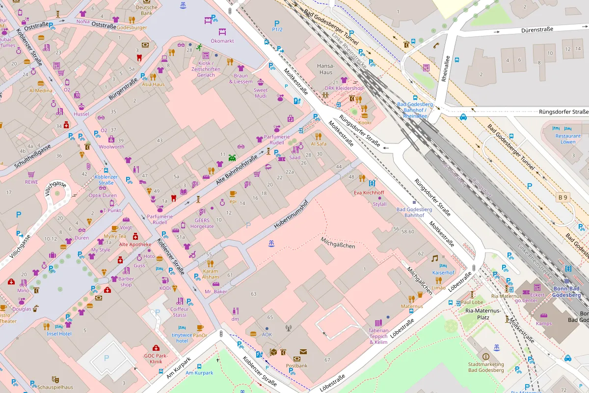 Kartenausschnitt von Bad Godesberg mit dem Salon in der Alten Bahnhofstraße und der Parkplatz-Einfahrt in der Moltkestraße